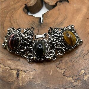 VTG Art Nouveau Tiger Eye Cat Eye Falcon Eye Silvertone Panel Bracelet